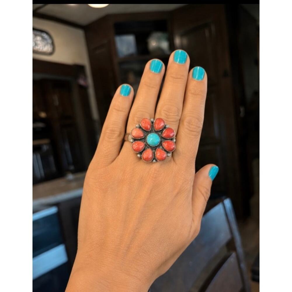 Turquoise & Red Coral Cluster Flower Ring Sterling Silver